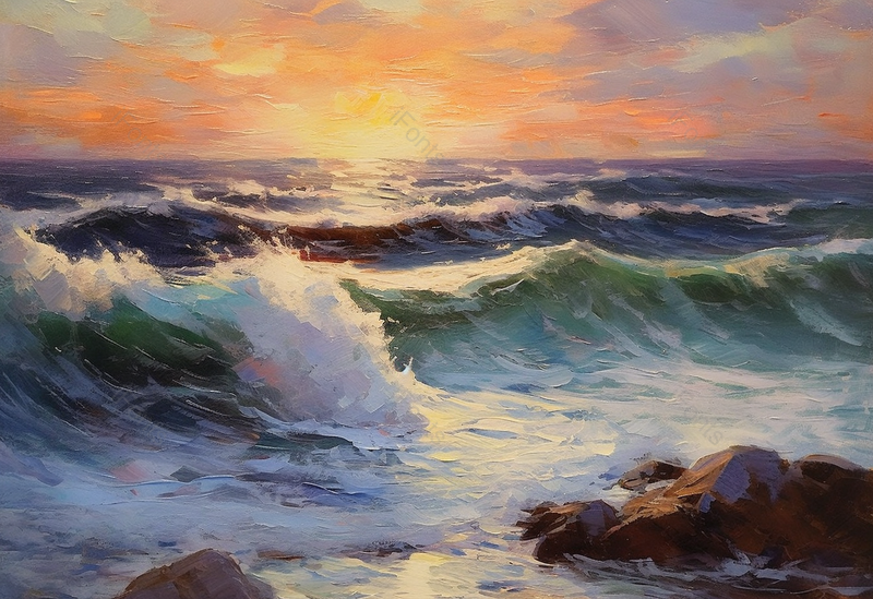 海天想接朝霞海浪油画插画背景,插画/手绘图,插画/手绘图库,插画/手绘图下载,插画/手绘